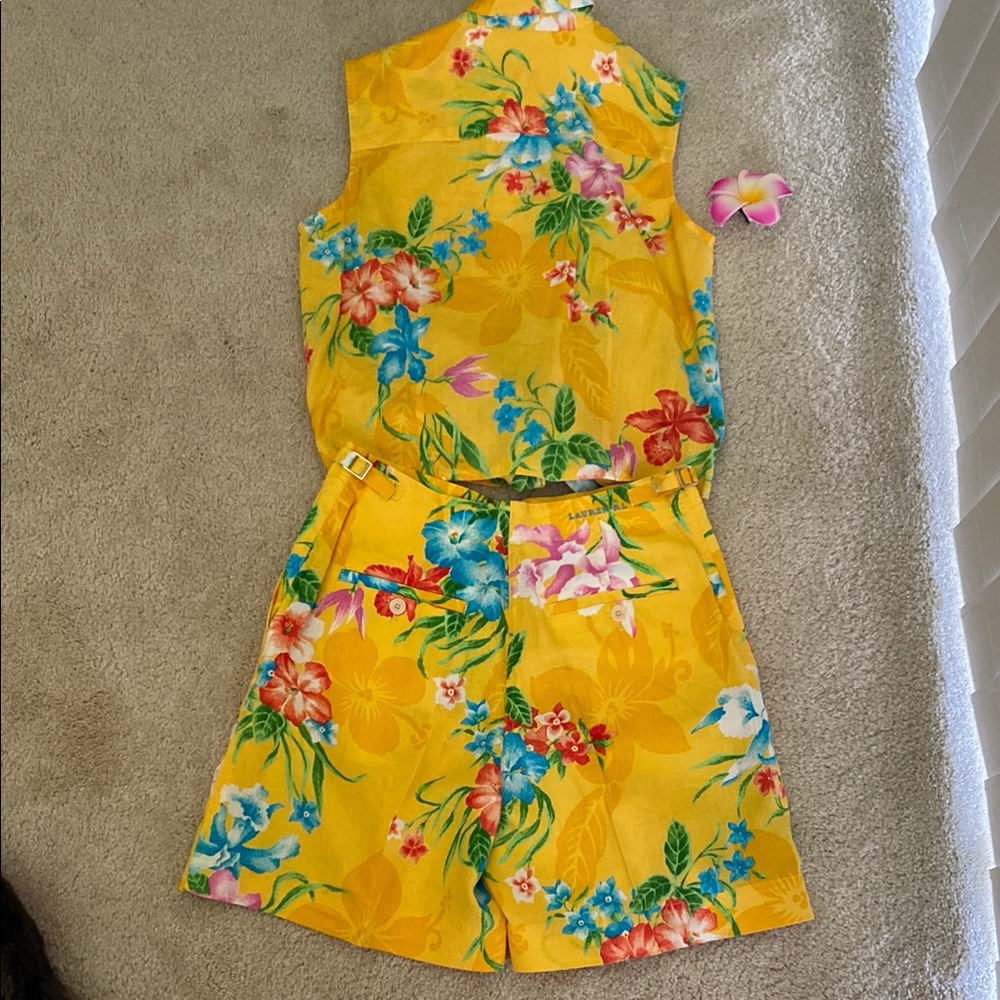 Vintage Ralph Lauren linen floral Yellow high-waisted shorts and top, S - Picture 6 of 15